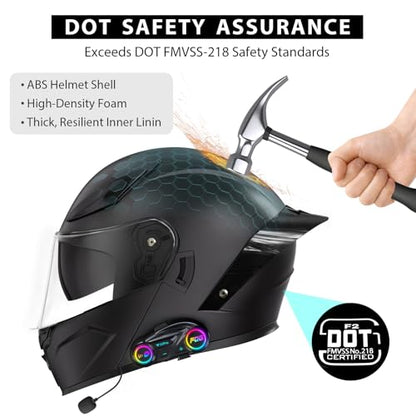 Bluetooth Motorcycle Helmet, Full Face Flip Up Modular Motorcycle Helmet with Bluetooth intercom headsets, DOT Approved Dual Visor Helmets - style: Matte Black
