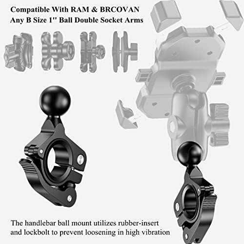 BRCOVAN Aluminum Alloy Handlebar Clamp Mount Base with 1'' TPU Ball | for Rail 0.5'' 0.87'' 1'' 1.125'' 1.26'' in Diameter, Fit for RAM Mounts B Size 1 Inch Ball Double Socket Arm, Tool-Less - style: R18-Set of 1