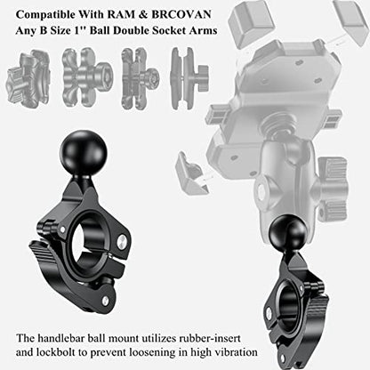 BRCOVAN 10 PCS, Aluminum Alloy Handlebar Clamp Mount Base with 1'' TPU Ball | for Rail 0.5'' 0.87'' 1'' 1.125'' 1.26'' in Diameter, Fit for RAM Mounts B Size 1 Inch Ball Double Socket Arm, Tool-Less - style: R18-Set of 10