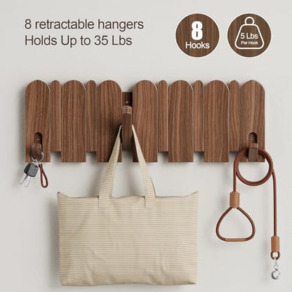 Walnut Wood Coat Rack Wall Mount,16.5" Wall Mounted Coat Rack with 8 Retractable Hangers,Heavy Duty Coat Hooks for Hanging Coats,Hats,Towels,Bags,Key Holder for Entryway - color: Walnut