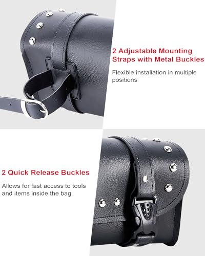 Dream Apparel Motorcycle Tool Fork Bag, PU Leather Front Bag for Motorcycle Front Fork Handlebar Universal Black Sissy Bar Roll Storage Pouch - style: With Studs