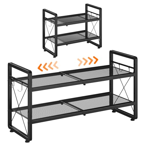 ELYKEN Shoe Rack, 2-Tier Expandable Shoe Organizer for Closet, Metal Black Shoe Shelf with 4 Hooks, Adjustable Shoe Stand Holder for Entryway, Garage, Door Entrance - size: 2-Tier