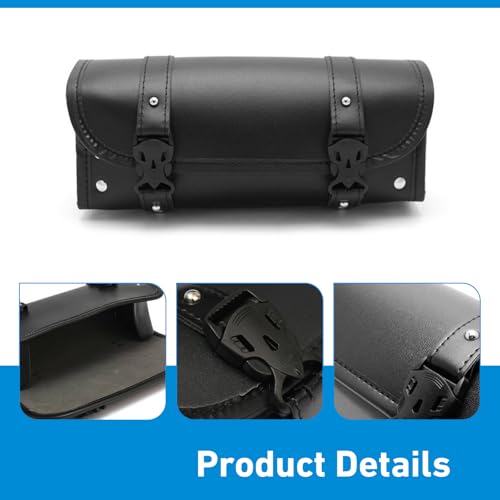 Motorcycle Fork Bag, Waterproof Leather Front Handlebar Saddle Bags, 11.61 x 3.54 x 4.72 Inches Sissy Bar Storage Pouch with Straps, Universal for Most Motorcycles, Bikes (Black)