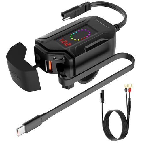 Motorcycle USB Charger, Retractable Type-C & Dual USB Fast Charging, Independent Switch, 3-in-1 SAE to USB Adapter with 1.5m Extension, LED Voltmeter, Waterproof for Dirt Bike, ATV, UTV