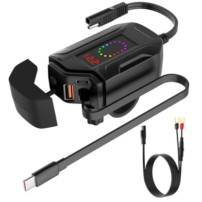 Motorcycle USB Charger, Retractable Type-C & Dual USB Fast Charging, Independent Switch, 3-in-1 SAE to USB Adapter with 1.5m Extension, LED Voltmeter, Waterproof for Dirt Bike, ATV, UTV