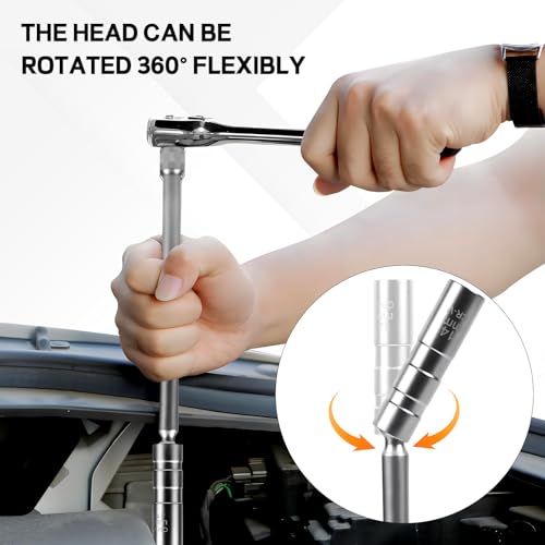 14mm Spark Plug Socket, 9/16" Magnetic Spark Plug Socket, 3/8" Drive x 12" Extended 360 Degree Swivel Thin Wall Spark Plug Removal Tool, 12 Point Spark Plug Removal Wrench