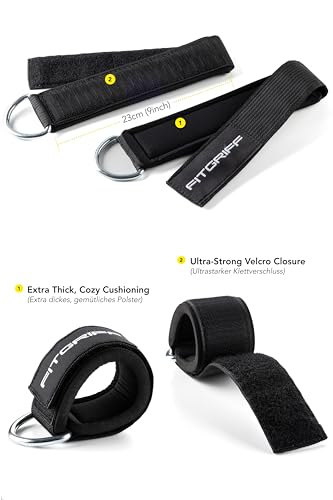Fitgriff® Ankle Straps V2 for Cable Machine (2 Pieces) - Gym Workout Equipment - Leg Pulley Attachment, Kickback Straps - color: Black