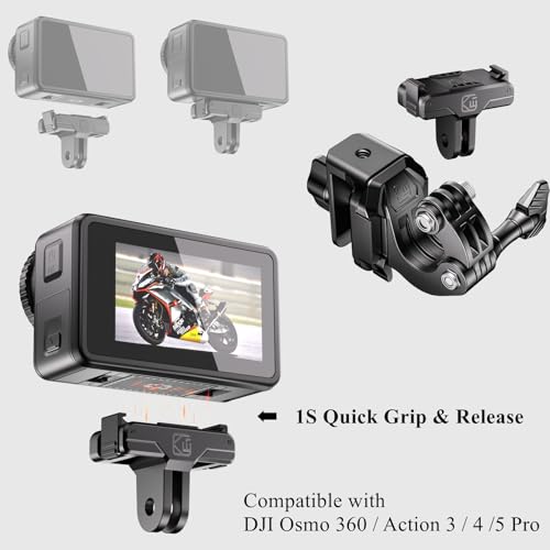Kewig Motorcycle Windshield Camera Mount with Magnetic Latch Mount & Aluminum Alloy Clip Base, Compatible with DJI Osmo 360 / Action 3/4 / 5 Pro, Angle Adjustable, Quick-Release Design