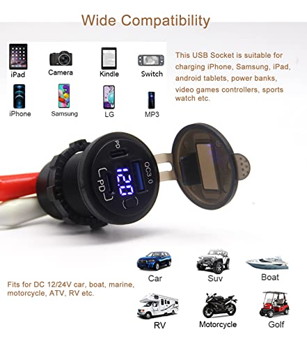 12V USB Outlet, Dual USB C Car Charger Socket & Quick Charge 3.0 Port with Voltmeter and Power Switch for Car Boat Marine Truck - color: 2PD+1QC