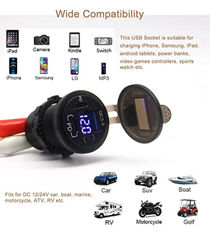 12V USB Outlet, Dual USB C Car Charger Socket & Quick Charge 3.0 Port with Voltmeter and Power Switch for Car Boat Marine Truck - color: 2PD+1QC