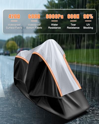 Full Enclosed Motorcycle Cover Waterproof Outdoor/Indoor Storage Waterproof Motorcycle Cover Heavy Duty with Reflective Strips Fits Scooter/Touring Motorcycles Length up to 108"（Black+Sliver） - size: 3.(3XL)108L" x 45"W x 59"H