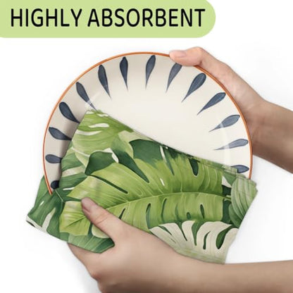 Palm Leaves Kitchen Towels Set of 2 Tropical Floral Dish Towels Bar Absorbent Cleaning Tea Towel for Home Dining Restaurants - color: White Green