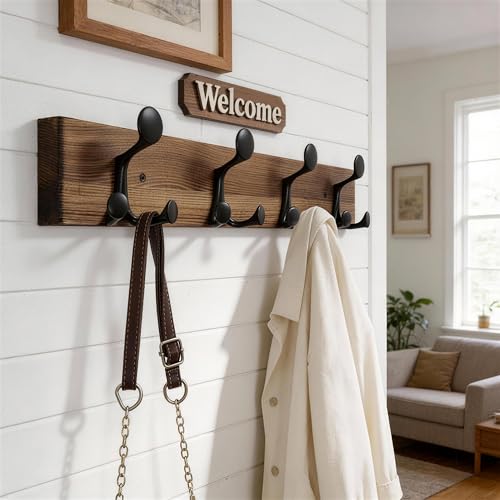 WEBI Coat Rack Wall Mount,24" Solid Wood Coat Hooks Wall Mounted Coat Hanger,16" Hole to Hole,Heavy Duty Hook Rack,4 Triple Hooks for Hanging Coats,Jacket,Hat,Backpack,Farmhouse,Brown - color: Brown, size: 24 Inch