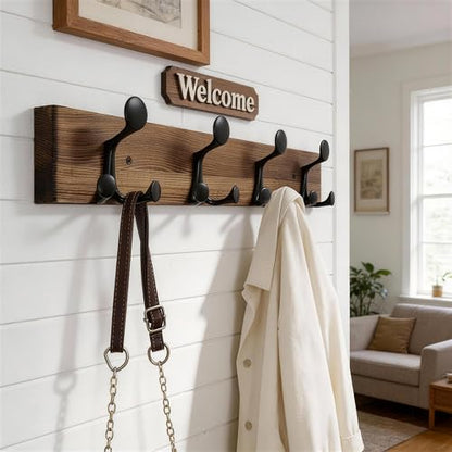 WEBI Coat Rack Wall Mount,24" Solid Wood Coat Hooks Wall Mounted Coat Hanger,16" Hole to Hole,Heavy Duty Hook Rack,4 Triple Hooks for Hanging Coats,Jacket,Hat,Backpack,Farmhouse,Brown - color: Brown, size: 24 Inch