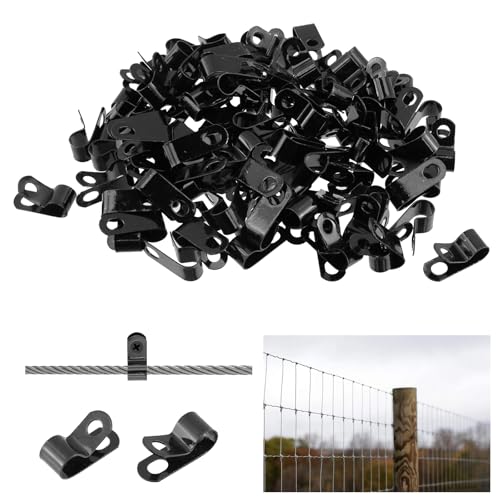 Antrader Fence Wire Clamps, 100Pcs R-Type Agricultural Fencing Mounting Clips, 8mm/0.31" Cable Management Cord Organizer with Screws to Vinyl, Wood or Metal Fence - color: Black, size: 0.31 Inch