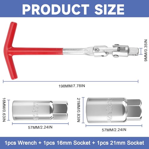 Spark Plug Wrench, Spark Plug Socket Set with 5/8" (6mm) & 13/16"(21mm) Sockets, Universal T-Handle Spark Plug Removal Tool for Motorcycles, Lawn Mowers, Small Motor Vehicles