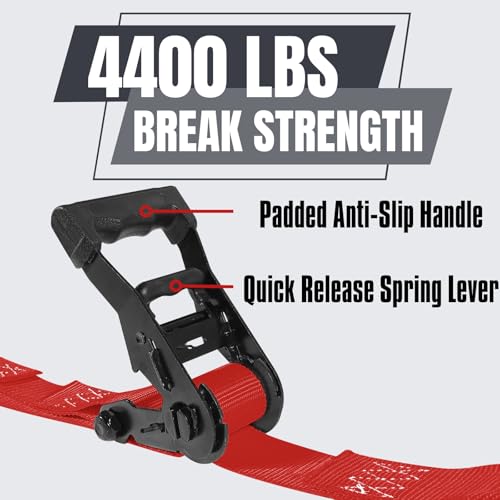 4 Pack Ratchet Tie Down Straps, 1.5 inch x 12ft, 4400 LBS Break Strength for ATV, UTV, Motorcycle, Pickup Truck, Trailer, Rubber Coatded S-Hook and Soft Loop - color: Red