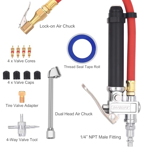 Tire Inflator 10-120 PSI Tire Pressure Gauge with 12 Inch Air Hose，Lock on Air Chuck, Heavy Duty 1/4'' NPT Tire Inflator Gauge Compatible with Air Pump Compressor for Car Truck Motorcycle Bike - size: 12" hose tire inflator gauge