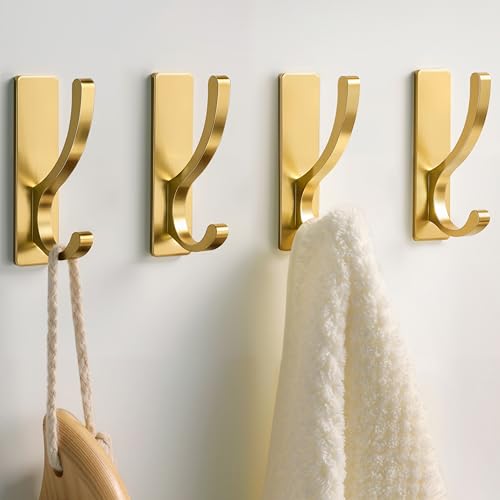 pickpiff Adhesive Wall Hooks for Towels - Sticky Hook Hanging Heavy Duty (13lb), Hanger for Door, Bathroom, Dorm, Closet - for Coats, Purse, Bag, Robe - No Damage to Wall - Gold 4 Pack - color: Gold, size: 4 Pack