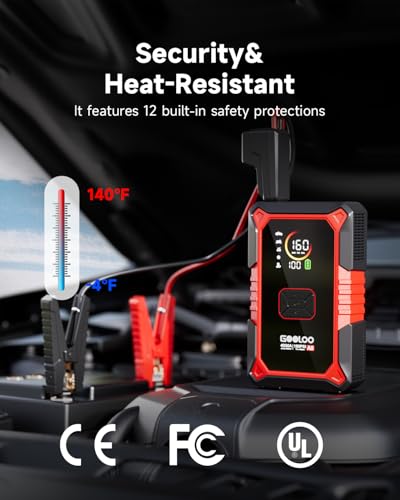 GOOLOO A5 Jump Starter with Air Compressor, 4000A Car Battery Jump Starter (All Gas/10.0L Diesel) with 160PSI Tire Inflator Auto-Off, 45W PD Fast Charging, 12V Jump Box Car Jumper Starter Portable - color: Red