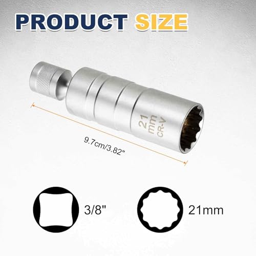 HARFINGTON 2pcs Spark Plug Socket Set 3/8" Drive 21mm Swivel Magnetic 12 Point Thin Wall Spark Plug Socket with 360 Degree Swivel CR-V Steel, Silver - size: 21mm