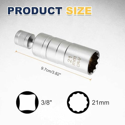 HARFINGTON 2pcs Spark Plug Socket Set 3/8" Drive 21mm Swivel Magnetic 12 Point Thin Wall Spark Plug Socket with 360 Degree Swivel CR-V Steel, Silver - size: 21mm