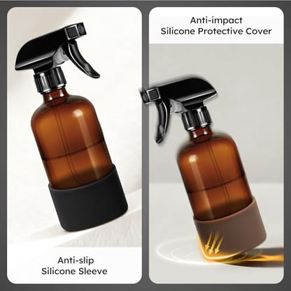 Tecohouse 2 Pack 360° Amber Glass Spray Bottles with Silicone Sleeve, 16 oz Empty Refillable Containers with Adjustable Spray Nozzles, Dark Spray Bottles for Cleaning Solutions, Plants (Black & Brown) - color: Amber, size: 16OZ