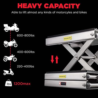 CXRCY 1200 LBS Motorcycle Lift Scissor Jack Stainless Steel Finish Upgraded Dirt Bike ATV Steel Motorcycle Hoist Stand with Ratchet Wrench,Crank Handle,Thickened Rubber Pad,Wide Deck - color: 1200 LBS Stainless Steel