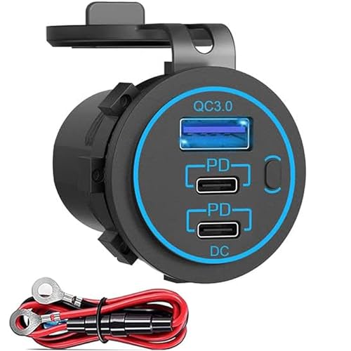 12v usb charger, PD 20W USB-C Power Socket and 18W QC3.0 Socket Waterproof Power Outlet 12V/24V with Power Switch 12V USB C Outlet for Car Golf Cart Boat Marine Bus Truck RV Marine Motorcycle etc. - color: 2PD+1QC