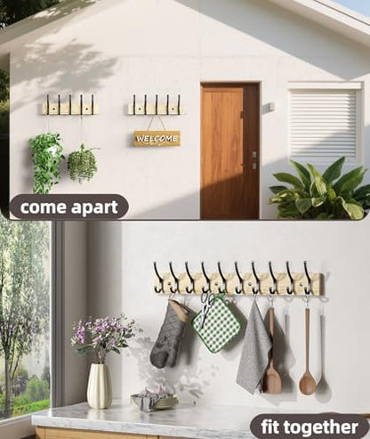 Optish 2 Pack Wooden Coat Rack Wall Mount, 16.1" Rustic Coat Hanger Hooks with 10 Double Hooks, Wall Coat Rack for Hat, Clothes, Bags, Jacket, Natural Wood - color: Natural Wood