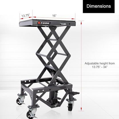 Tusk Scissor Lift Stand – Adjustable 13.75–34″ Heavy-Duty Motorcycle Lift Stand with Casters & Rubber Top Pad – Supports Up to 300 lb for Dirt Bike, ATV & UTV Maintenance