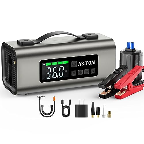 AstroAI 2500A Portable Car Battery Jump Starter with 150PSI Air Compressor 30W Quick Charger, 14800mAh Jump Box (7.5L Gas & 5.0L Diesel) 12V Jump Box with Booster, LED Light, Jumper Cables - color: Grey