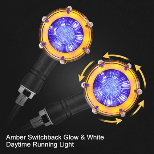 4Pcs Universal 10mm Motorcycle Turn Signal 3-Wires 18LED Blue/Amber Sequential Flowing Indicators with DRL Switchback Glow Fits Harley/Honda/Kawasaki, Street/Cruiser/Dirt Bike