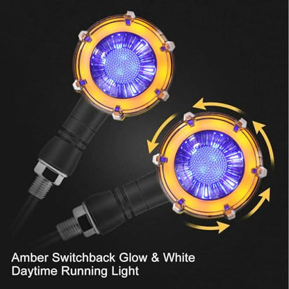 4Pcs Universal 10mm Motorcycle Turn Signal 3-Wires 18LED Blue/Amber Sequential Flowing Indicators with DRL Switchback Glow Fits Harley/Honda/Kawasaki, Street/Cruiser/Dirt Bike