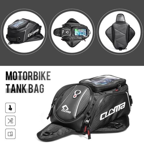 Motorcycle Tank Bag, Magnetic Motorcycle Tank Bag with Detachable Clear Phone Pouch and Rain Cover, Gas Tank Bag for Street and Touring Bikes, Black