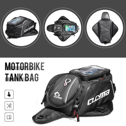 Motorcycle Tank Bag, Magnetic Motorcycle Tank Bag with Detachable Clear Phone Pouch and Rain Cover, Gas Tank Bag for Street and Touring Bikes, Black
