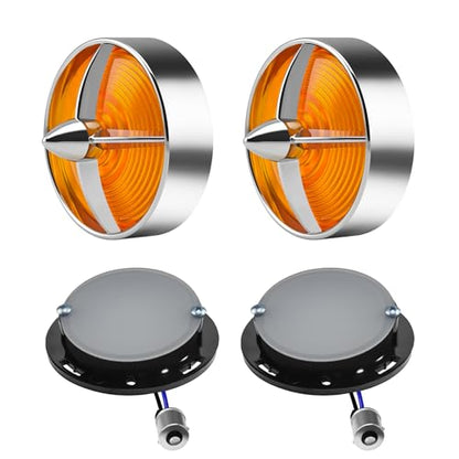 Motorcycle LED Turn Signals With 3 1/4" Amber Lens Covers 2 Pack, 1156 Signal Contact Amber Turning Light Lamp Universal Fit Harley Softail Road King Street Glide Ultra Classic Accessories - color: 3 1/4" round Amber lenses with 1156 LED