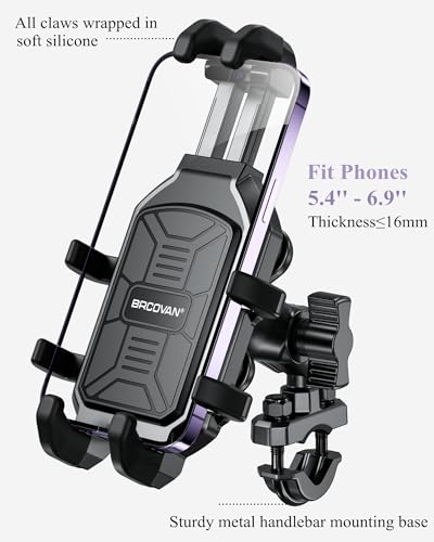 BRCOVAN Motorcycle Phone Mount Holder with Vibration Dampener | Anti-Shake Handlebar Cellphone Cradle for Bike Bicycle Scooter ATV, Adjustable Fit 5.4 - 6.9'' Smartphone