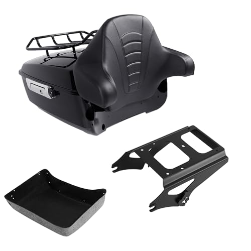 TCMT King Motorcycle Trunk Box Wrap-Around Backrest Detachables Two-Up Mounting Rack Fit for Harley 2009-2013 Touring Road King Road Street Electra Glide Pack - color: Set B#Black Rack, size: King Trunk With Speaker Holes