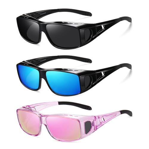 Wzerry Sunglasses Fit Over Glasses Polarized for Men Women, Wrap-Around Glasses UV400 Protection for Driving and Outdoor - color: Black/Grey + Black/Blue + Transparent Purple/Pink