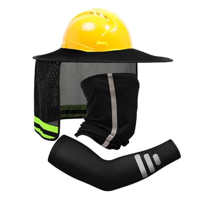 TCCFCCT Hard Hat Sun Shade, Full Brim High Visibility Mesh Neck Sun Shield and Bandana Face Scarf with Construction Arm Sleeves, 3 Packs, Black - color: Sun Shade 1+bandana 1+sleeves 1pair Black