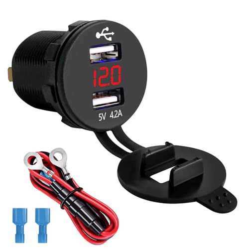 LENKRAD 4.2A USB Charger, Waterproof DC 12V Volt Meter Red Digital LED,Dual 2.1A Motorcycle Charge Port Outlet, Marine 24V New Energy USB Socket for RV Golf Cart Boat - color: Red