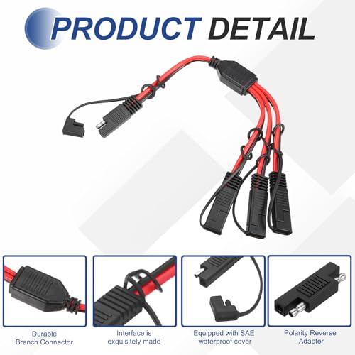 MECCANIXITY SAE Y Splitter Cable, 12AWG Extension Cord Splitter 1 to 3 SAE Connector Extension Cable 0.8 ft with Waterproof Caps & Polarity Reverse Adapter for Solar Panel Battery Charger - size: 12AWG, 0.8 ft