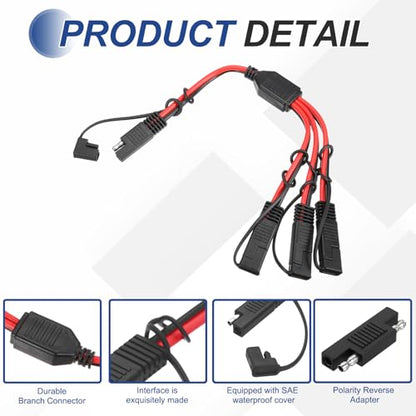 MECCANIXITY SAE Y Splitter Cable, 12AWG Extension Cord Splitter 1 to 3 SAE Connector Extension Cable 0.8 ft with Waterproof Caps & Polarity Reverse Adapter for Solar Panel Battery Charger - size: 12AWG, 0.8 ft
