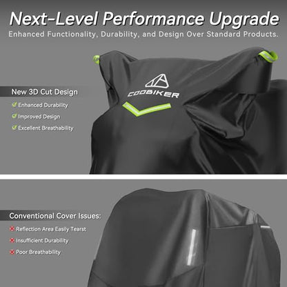 Motorcycle Cover 300D Waterproof Outdoor Night Reflective Breathable Vents All Season Rain Sun Dust Protection Universal Fit Powersports Vehicle Cover with Lock-Holes Fits up to 104" - size: 104"