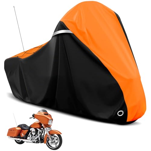 COVERVIN Motorcycle Cover for Harley Davidson Touring Road King Road Glide Electra Glide Street Glide Low Rider-ST Heritage Classic HD Goldwing, All Weather Waterproof Cruiser Cover, Black&Orange - color: Black&Orange, size: 107"-Side Box