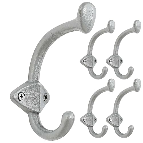 Dseap Cast Iron Wall Hooks L=5”, Heavy Duty Coat Hooks, Rustic Vintage Farmhouse Hook for Hanging Winter Coats Jackets Towels Hats Bags Plants, Silver, Pack of 5 (ShieldBold) - color: Silver, size: L=5" (Pack of 5)