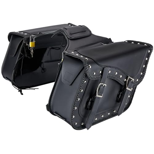 Dream Apparel Faux Leather Motorcycle Saddle Bags Studded Throw Over Saddlebags, PVC Motorcycle Side Bags for Honda Shadow Sportster Softail Dyna V-star (Black) - color: Black 26L Studded & Braided