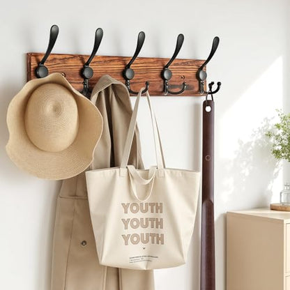 Coat Rack Wall Mounted, Pre-Assembled 16" Coat Hooks with 5 Hooks, Heavy Duty Rustic Farmhouse Wood Plank Hooks for Hanging Hat, Clothes, Keys, Jacket, Purse - Door, Entryway, Mudroom - size: Pine wood - double hook