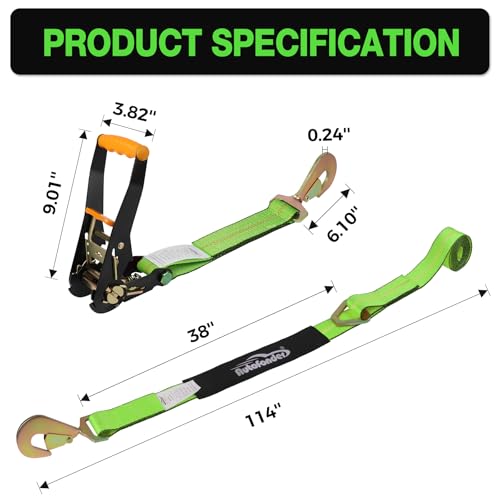Heavy Duty 4 Pack Axle Tie Down Straps for Trailers-2" x 114" Car Hauler Straps with Snap Hooks-10,000 lbs Break Strength, 3300 lbs Capacity - DOT Certified Wheel Ratchet Tie Downs (Green) - color: Hi Viz Green